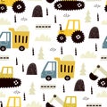 Seamless pattern with cartoon Truck, tractor,  bulldozer, decor elements. Colorful vector flat style for kids. Royalty Free Stock Photo